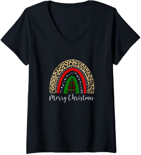 Discover T-shirt Camiseta de Mulher com Decote em V Feliz Natal Arco-íris