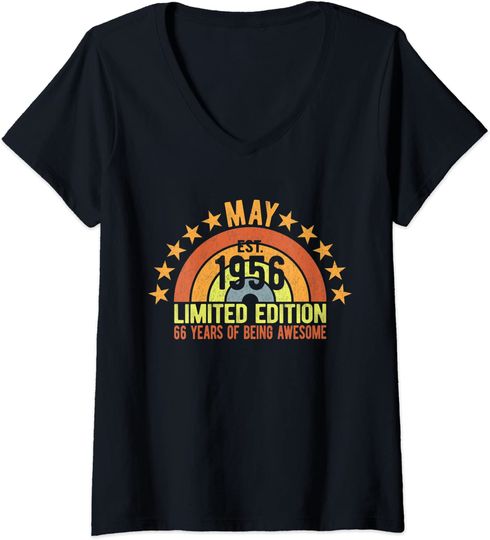 Discover T-shirt Camiseta de Mulher com Decote em V Estilo Retrô Arco-íris Presentes Para Pessoas Nascidas Em Maio de 1956