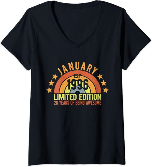 Discover T-shirt Camiseta de Mulher com Decote em V Estilo Retrô Arco-íris Presentes Para Pessoas Nascidas Em Janeiro 1996