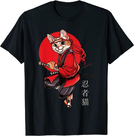 Discover Unissex T-Shirt Ninja Camiseta Para Homem E Mulher Japanese Ninja Cat Neko Samurai Katana Sword