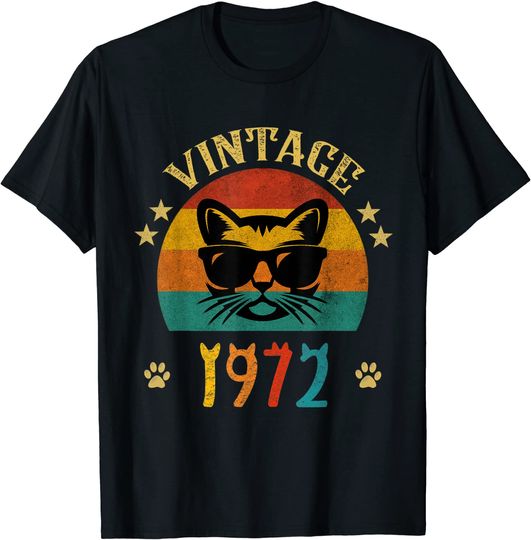 Discover T-shirt Camisete Manga Curta Unissexo Vintage 1972 Gato com Óculos de Sol