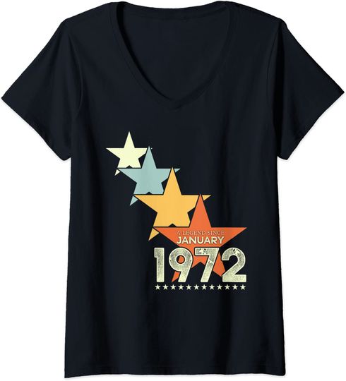 Discover T-shirt Camiseta Feminina com Decote em V Estrelas Esilo Retrô Presente para Pessoas Nascidas em Janeiro de 1972