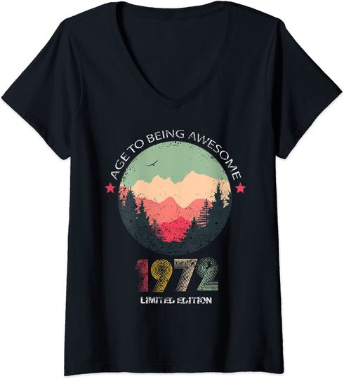 Discover T-shirt Camiseta Feminina com Decote em V Paisagem Presente para Pessoas Nascidas em 1972