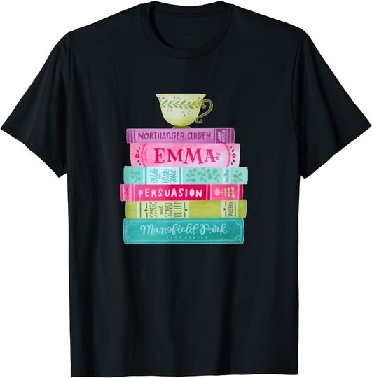 Discover Unissex T-Shirt Chá Funny Jane Austen Book Stack Tea Fans Literary