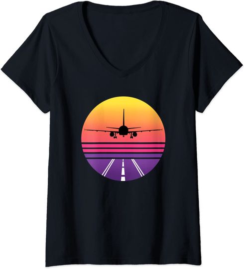 Discover T-shirt com Decote em V Estilo Retrô Avião A Decolar Presente Ideal para Pilotos