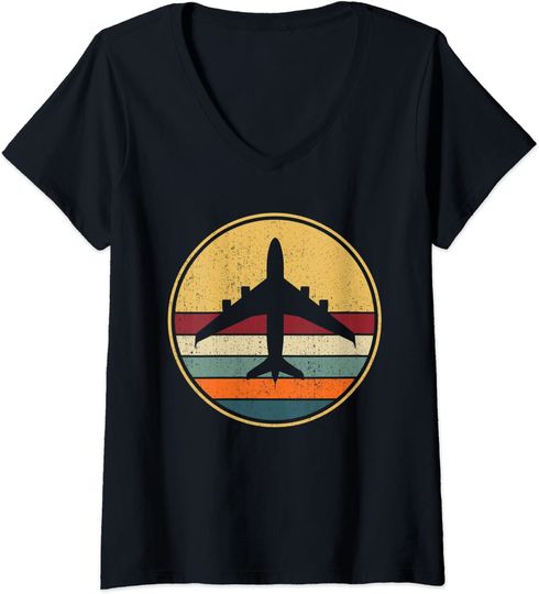 Discover T-shirt com Decote em V Estilo Retrô avião Presente para o Dia Internacional da Aviação Civil