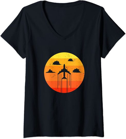 Discover T-shirt com Decote em V para Mulher Avião No Céu Ao Pôr do Sol