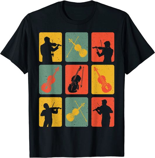 T-shirt Camiseta Manga Curta para Homem e Mulher Estilo Retrô Violinista