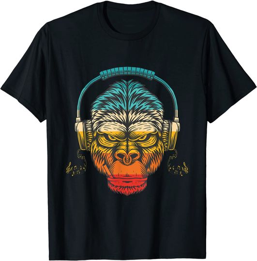 Discover T-shirt Camisete Manga Curta Unissexo Macaco com Fone de Ouvido