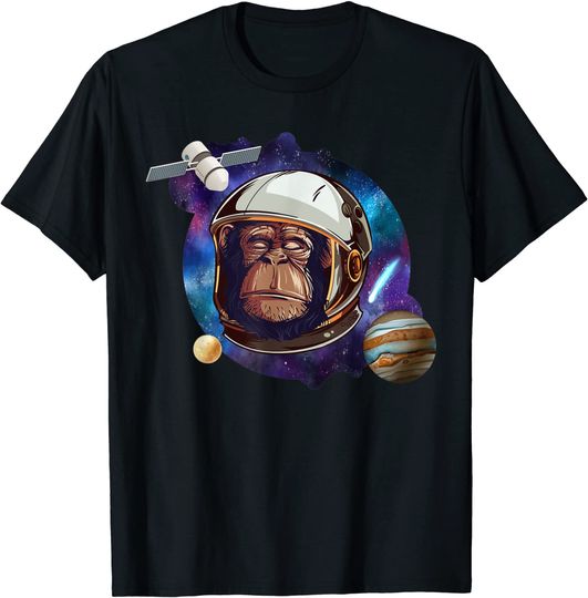 T-shirt Camisete Manga Curta Unissexo Astronauta Macaco no Espaço