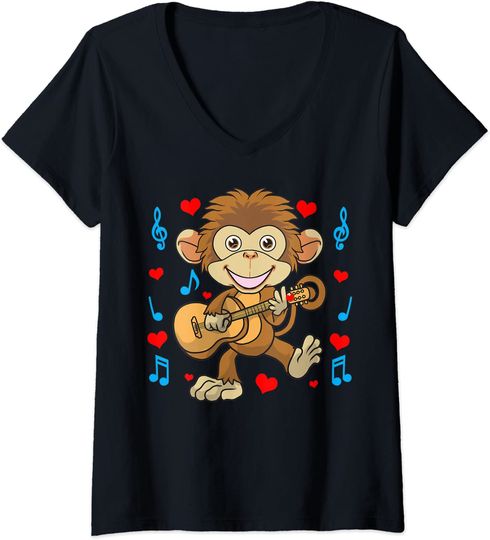 Discover T-shirt de Mulher Decote em V Macaco e Guitarra