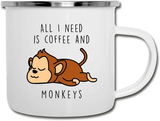 Discover Caneca Branca de Esmalte Diveritda Tudo Que Eu Preciso É Café e Macacos 350ml