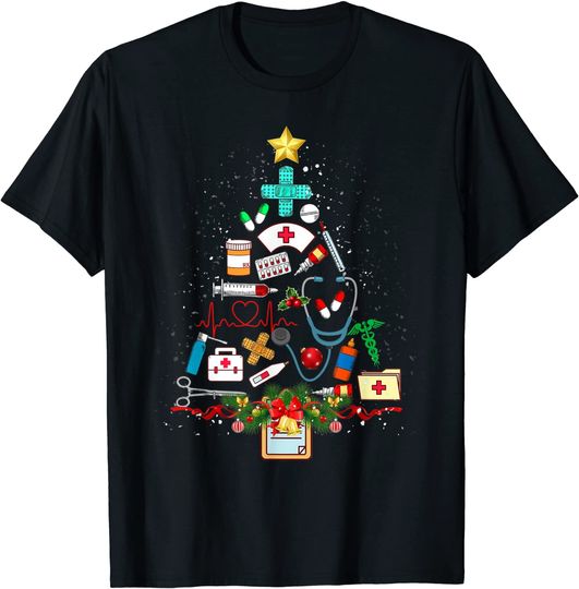 Discover Unissex T-Shirt Feliz Natal Bela Enfermeira Árvore de Natal