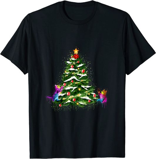 Discover Unissex T-Shirt Feliz Natal Feliz Natal com Gatos Presentes e Árvore de Natal