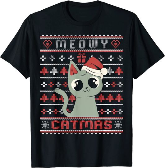 Discover Unissex T-Shirt Feliz Natal Meowy Merry Catmas