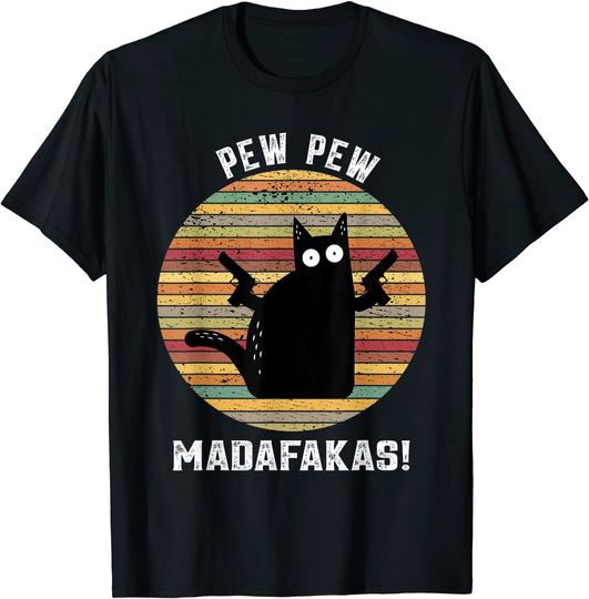 Discover Unissex T-Shirt Pew Pew Madafakas Gato Dizendo Presente Vintage Retro Gato Techno T-Shirt