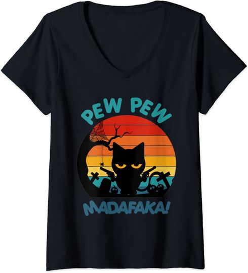 Discover Mulher Pew Pew Madafakas Vintage Crazy Gifts Gráfico Retro Engraçado T-Shirt Decote Em V