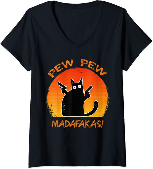 Discover Mulher Gato Vintage Pew Pew Pew Madafakas T-Shirt Decote Em V