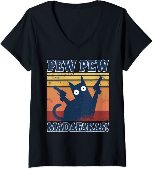Discover Mulher Cat Pew Madafakas Vintage Gato Louco Novo Gráfico Divertido T-Shirt Decote Em V