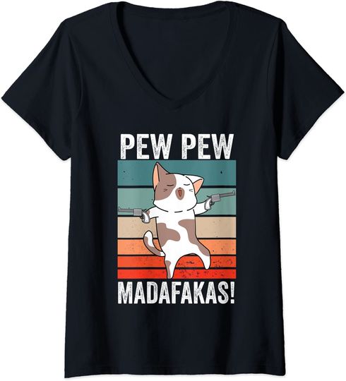 Discover Mulher Cat Pew Pew Madafakas Vintage Crazy Cat Funny Unissexo T-shirt dDcote em V