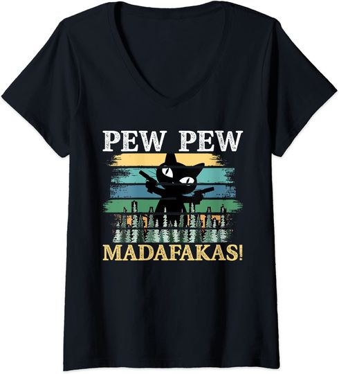 Discover T-Shirt Decote Em V Mujer Pew Madafakas Gato Preto