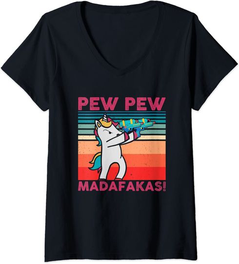 Discover T-Shirt Decote Em V Pew Pew Madafakas Presente Engraçado Para Amantes De Unicórnio Camiseta Com Decote Em V