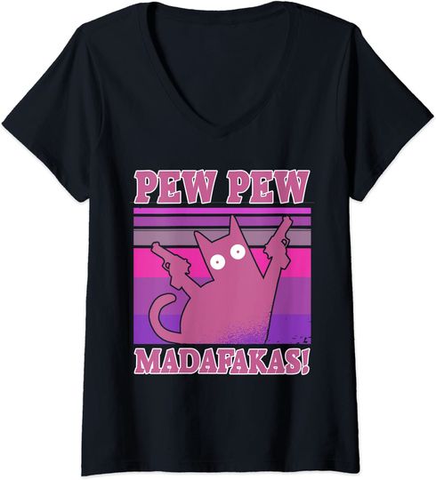 Discover Camiseta Com Decote Em V Pew Pew Madafakas Gato Rosa para Mulher