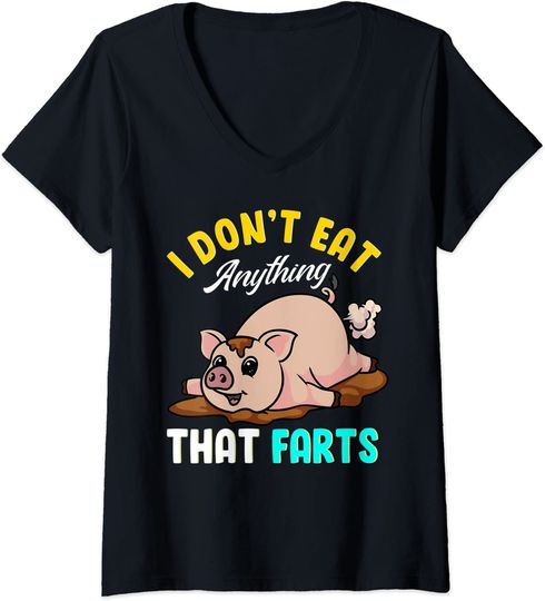 Discover T-shirt de Mulher Decote em V Engraçada Porco e Peidos