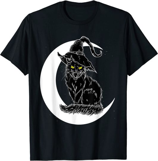 Discover T-shirt Unissexo Lua e Gato Preto com Chapéu de Bruxa