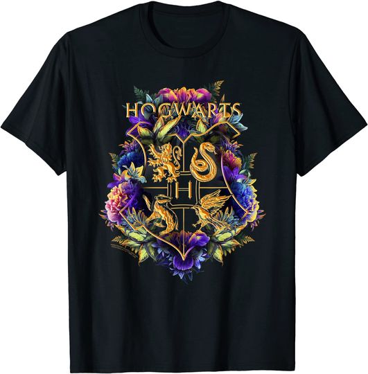Discover T-Shirt Camiseta Manga Curta Símbolos Harry Potter  Hogwarts Multi-Colored Floral Crest