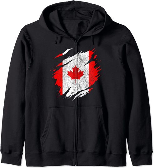 Discover Hoodie Sweater Com Capuz Fecho-Éclair Bandeira Canada Vintage