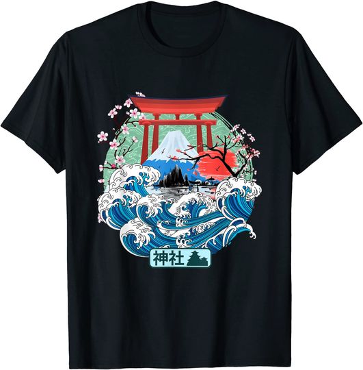 T-shirt Estilo Japonês Onda de Kanagawa