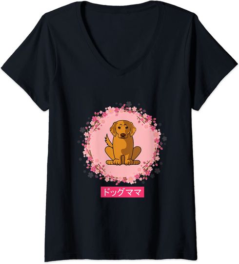 Discover T-Shirt De Decote Em V Para Mulher Golden Retriever  Flor de Cerezo Sakura
