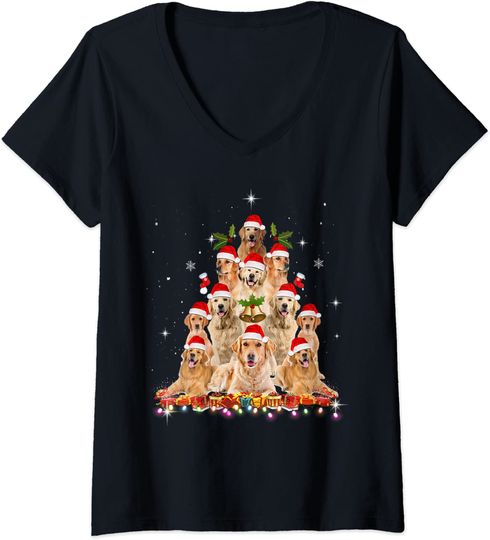 Discover T-Shirt De Decote Em V Para Mulher Golden Retriever Árvore de Natal