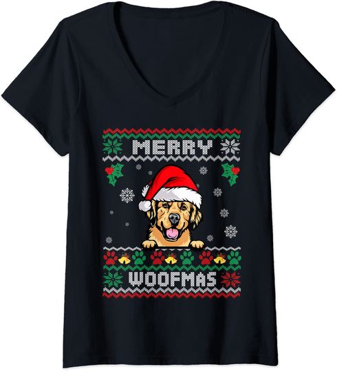 Discover T-Shirt De Decote Em V Para Mulher Golden Retriever Feliz Natal Woofmas