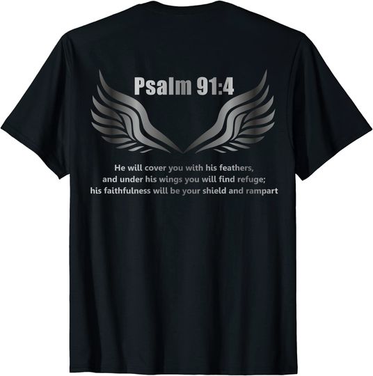 Discover Citação Cristã Versículo Da Bíblia Salmo 91:4 Desenho Na Parte De Trás T-Shirt