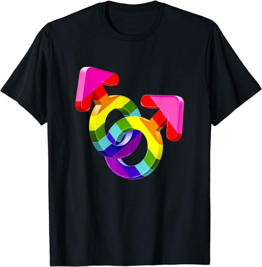 Discover T-Shirt Camiseta Manga Curta Celebração Do Orgulho Par De Símbolos Homem Cores Arco-Íris Lgtb