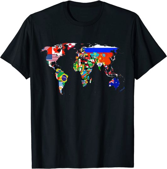 Discover T-shirt Estampada Mapa do Mundo Bandeira do País Atlas | Camiseta Unissexo