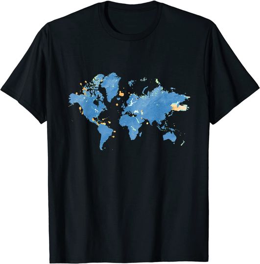 Discover T-shirt Unissexo Mapa do Mundo Aquarela Continententes Azuis