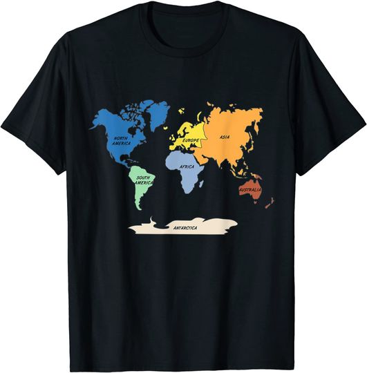 Discover T-shirt Unissexo Mapa do Mundo Desenhado À Mão, Nomes dos Continententes