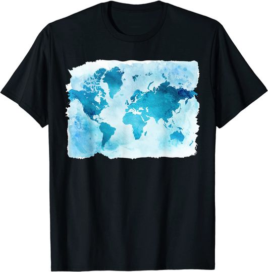 Discover T-shirt Mapa do Mundo Azul Em Forma de Aquarela, Arte Desenhada À Mão | Camisola Manga Curta para Homem e Mulher
