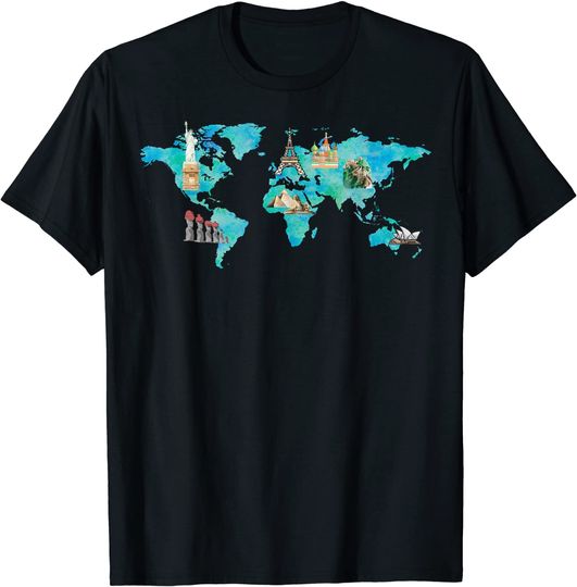 Discover T-shirt Unissexo Mapa do Mundo Desenhado À Mão Em Aquarela Principais Pontos de Referência