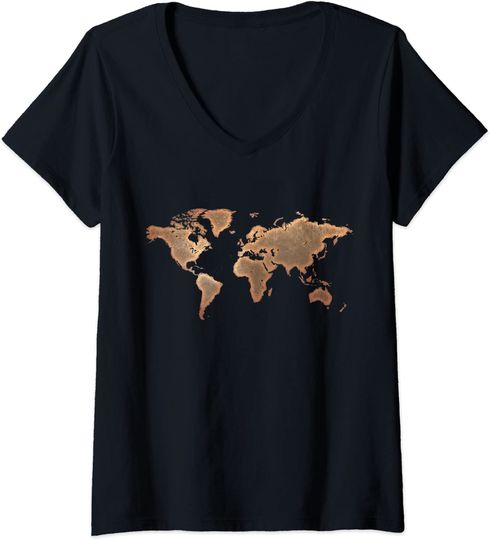 Discover T-shirt Feminino Decote em V Estilo Retrô Mapa do Mundo
