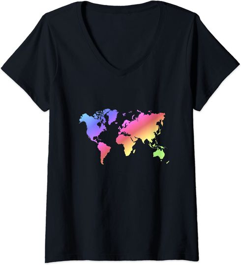 Discover T-shirt Decote em V para Mulher Mapa do Mundo
