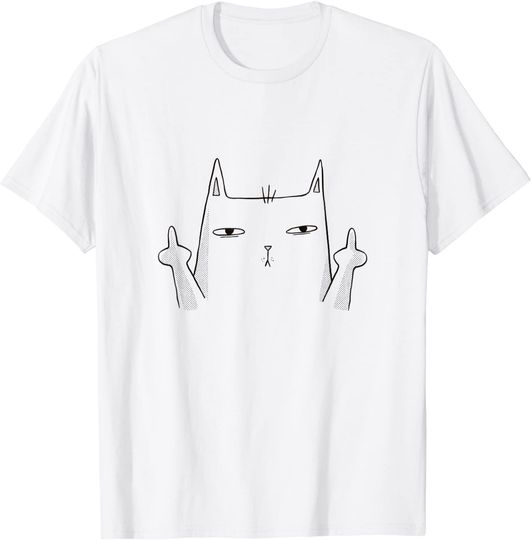 Discover T-Shirt Camiseta Manga Curta Gatos Cinzentos Gato com Dedo Médio