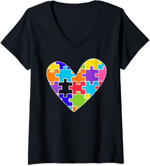 Discover T-shirt Feminino Decote em V Coração de Quebra-Cabeça