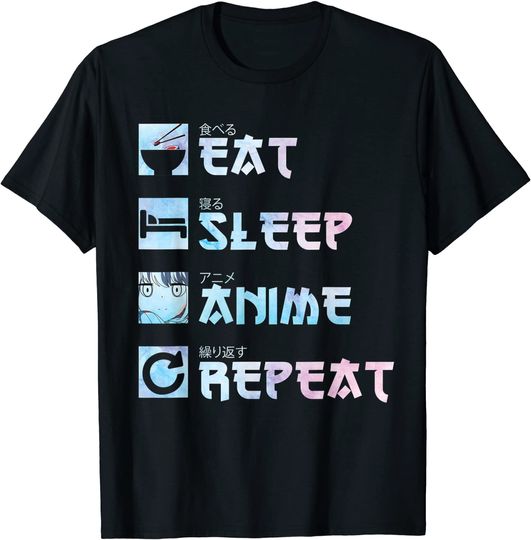 Discover T-Shirt Camiseta Manga Curta Otaku  Eat Sleep Anime Repeat