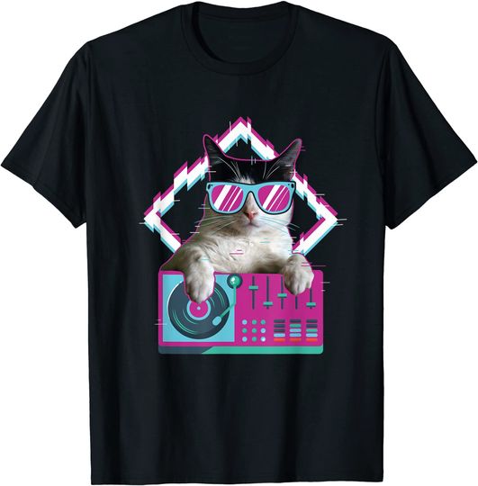 T-Shirt Camiseta Manga Curta Desenhos De Animais  DJ Cat I Amante dos Gatos
