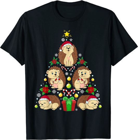 T-Shirt Camiseta Manga Curta Desenhos De Animais Ouriço Árvore de Natal