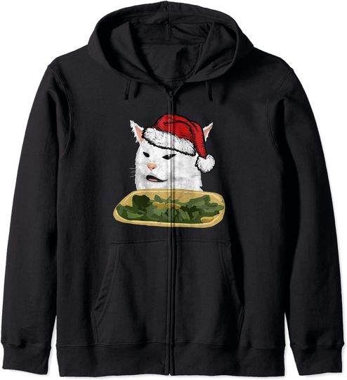 Discover Hoodie Sweater Com Capuz Fecho-Éclair  Gato Meme Santa Hat Christmas